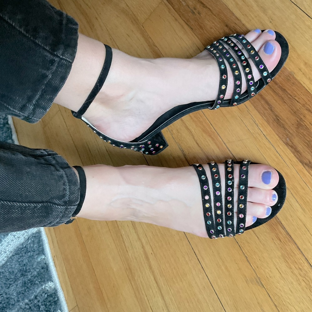 🟣 $148 Raye Bejeweled Disco Heels Strappy Sandals Black Block Anthropologie 8.5